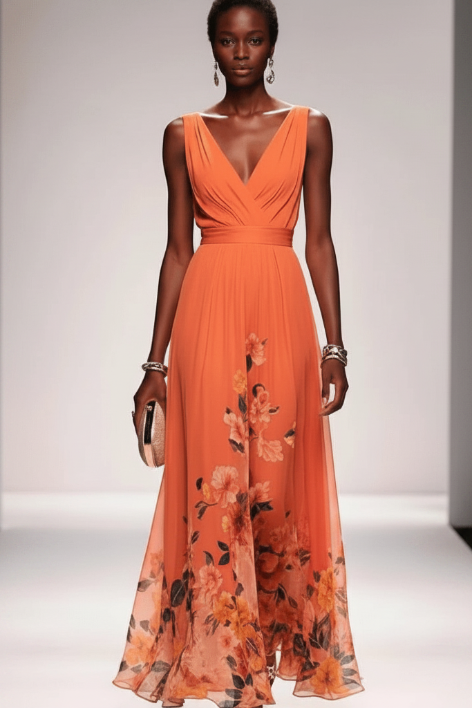 Women's long floral dress with a flowy silhouette, perfect for elegant and special occasions.