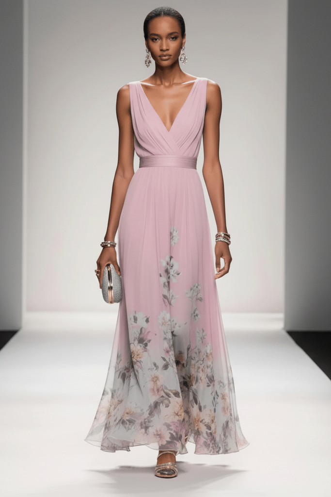 Elegant women's maxi dress in a vibrant floral pattern, great for summer parties and events.
