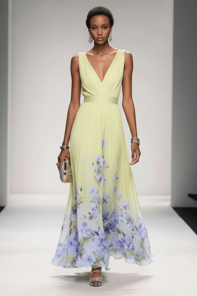 Flowy floral summer maxi dress, perfect for beach getaways, vacations, and elegant occasions.