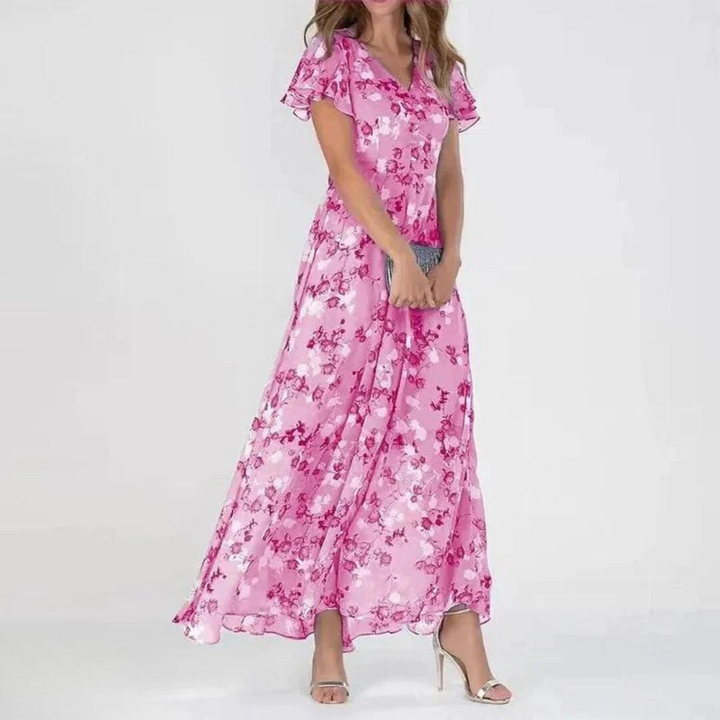 Elegant women's floral V-neck maxi dress with flutter sleeves, ideal for spring fashion, parties, or vacation.
