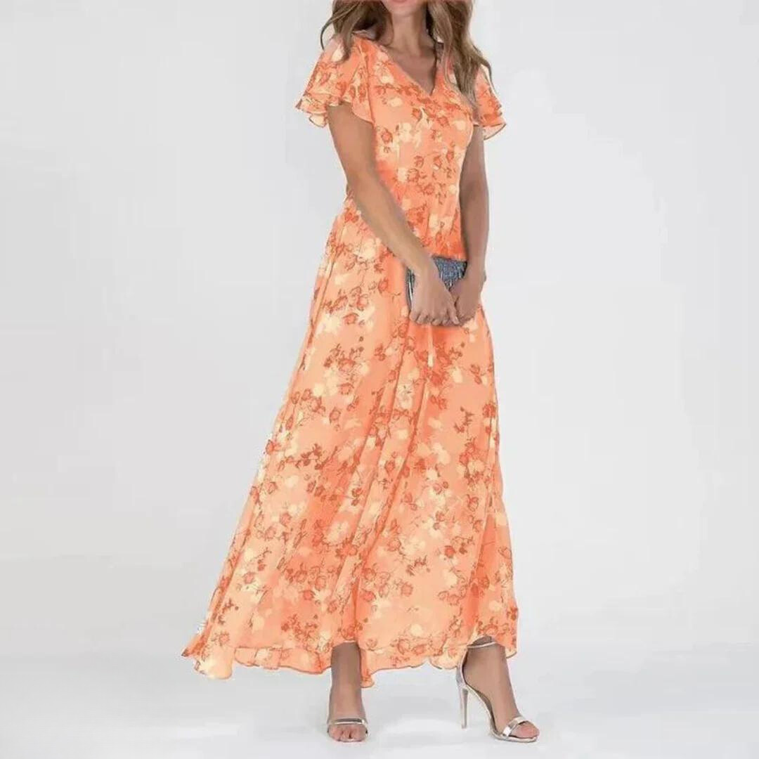 Stylish women's floral print maxi dress with romantic flutter sleeves, a versatile piece for elegant summer fashion.