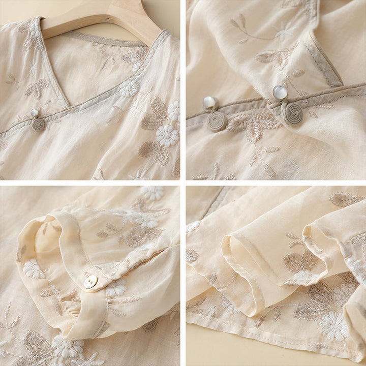 Women's romantic embroidered shirt with a flowing silhouette & elegant botanical details, perfect for spring/summer wear.