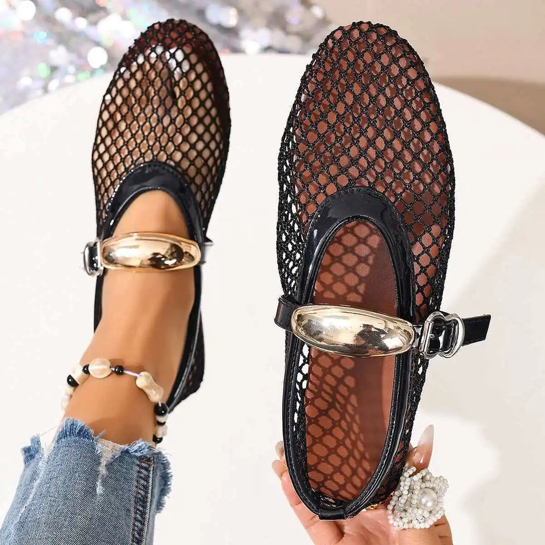 Elegant women's mesh flats with adjustable strap, perfect for comfortable everyday wear.