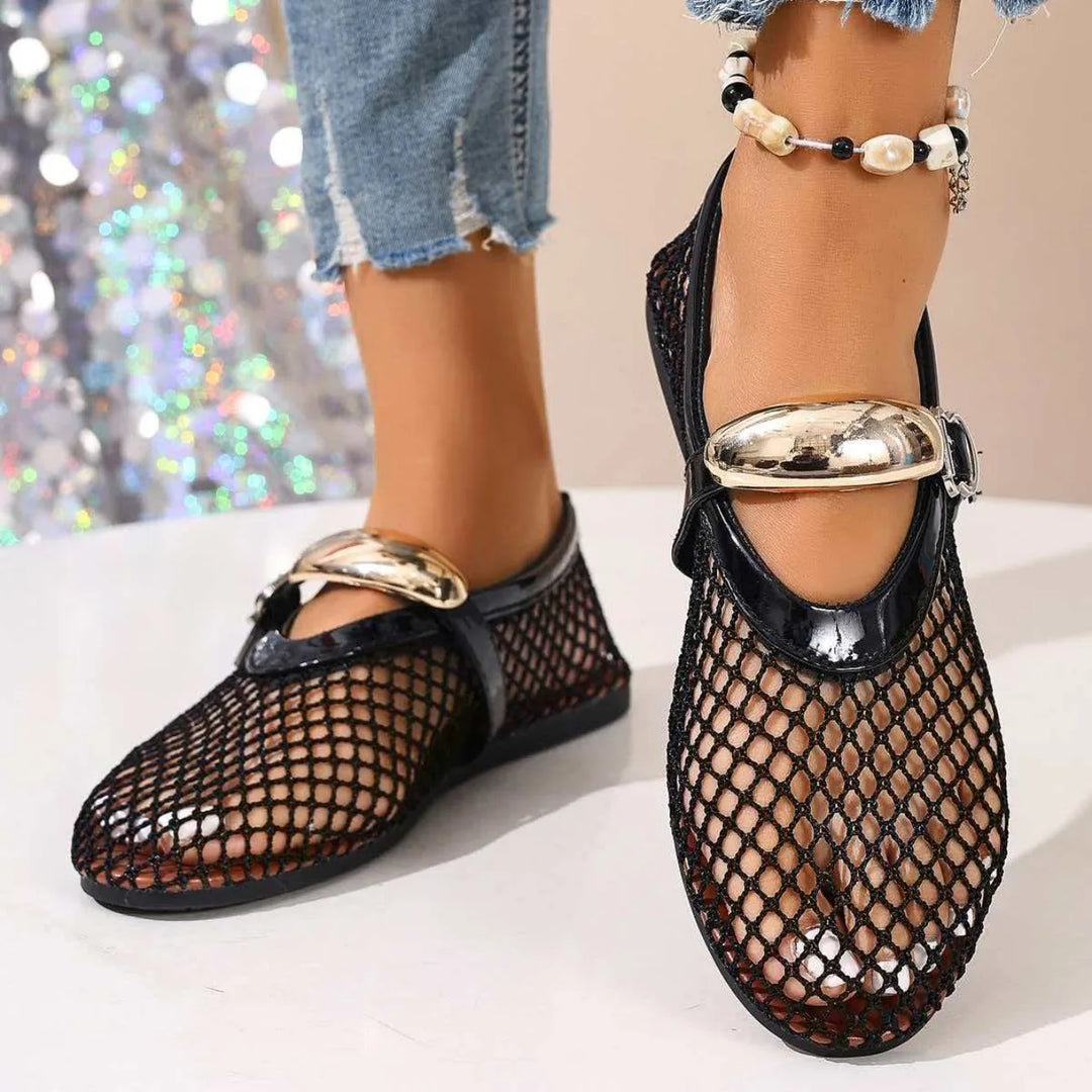 Rosavelle women's mesh flats, elegant slip-on shoes with an adjustable strap for summer comfort.