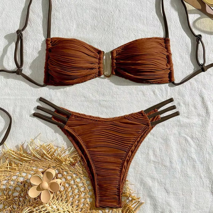 Women's ruched bandeau bikini set, Tulum style. Boho two-piece swimwear for summer beach days.