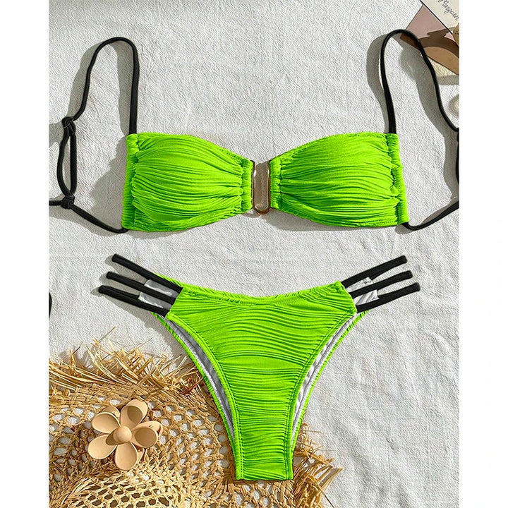 Women's ruched bandeau bikini set, adjustable two-piece swimwear. Trendy Tulum style for summer.