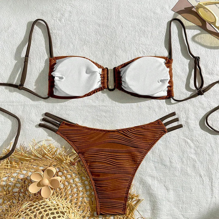 Adjustable women's ruched bandeau bikini, two-piece Tulum style swimwear. Perfect for summer beachwear.