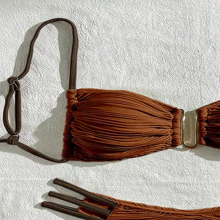 Comfortable women's ruched bandeau bikini set with adjustable straps. Chic Tulum style swimwear.