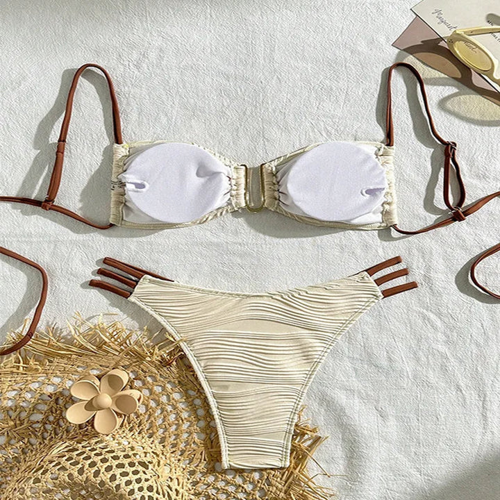 Chic women's ruched bandeau bikini set, two-piece swimwear with a flattering Tulum style design.