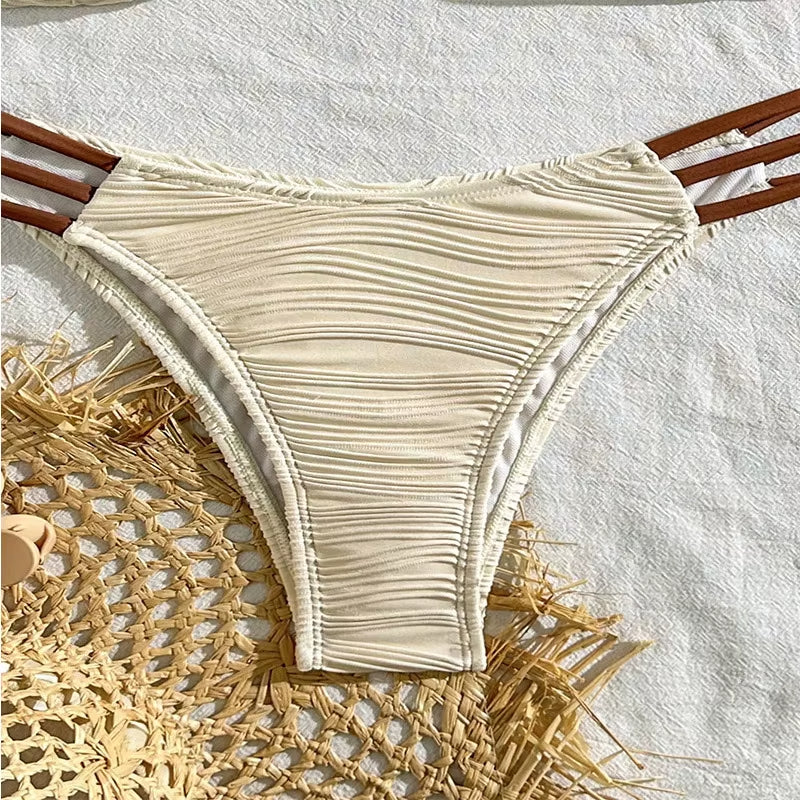 Stylish women's swimwear: ruched bandeau bikini set. A two-piece Tulum style perfect for summer.