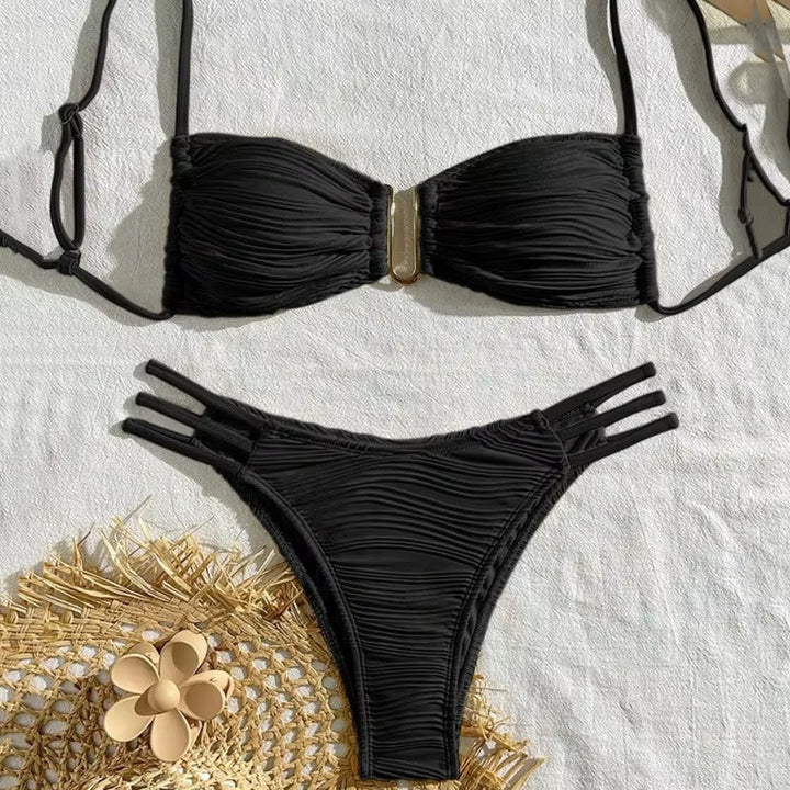 Flattering women's ruched bandeau bikini set. Adjustable Tulum style two-piece swimwear, summer ready.