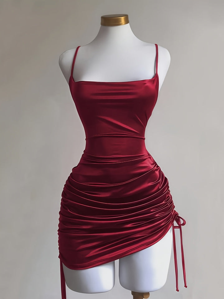 Women's ruched drawstring mini homecoming dress, perfect for parties & special occasions.