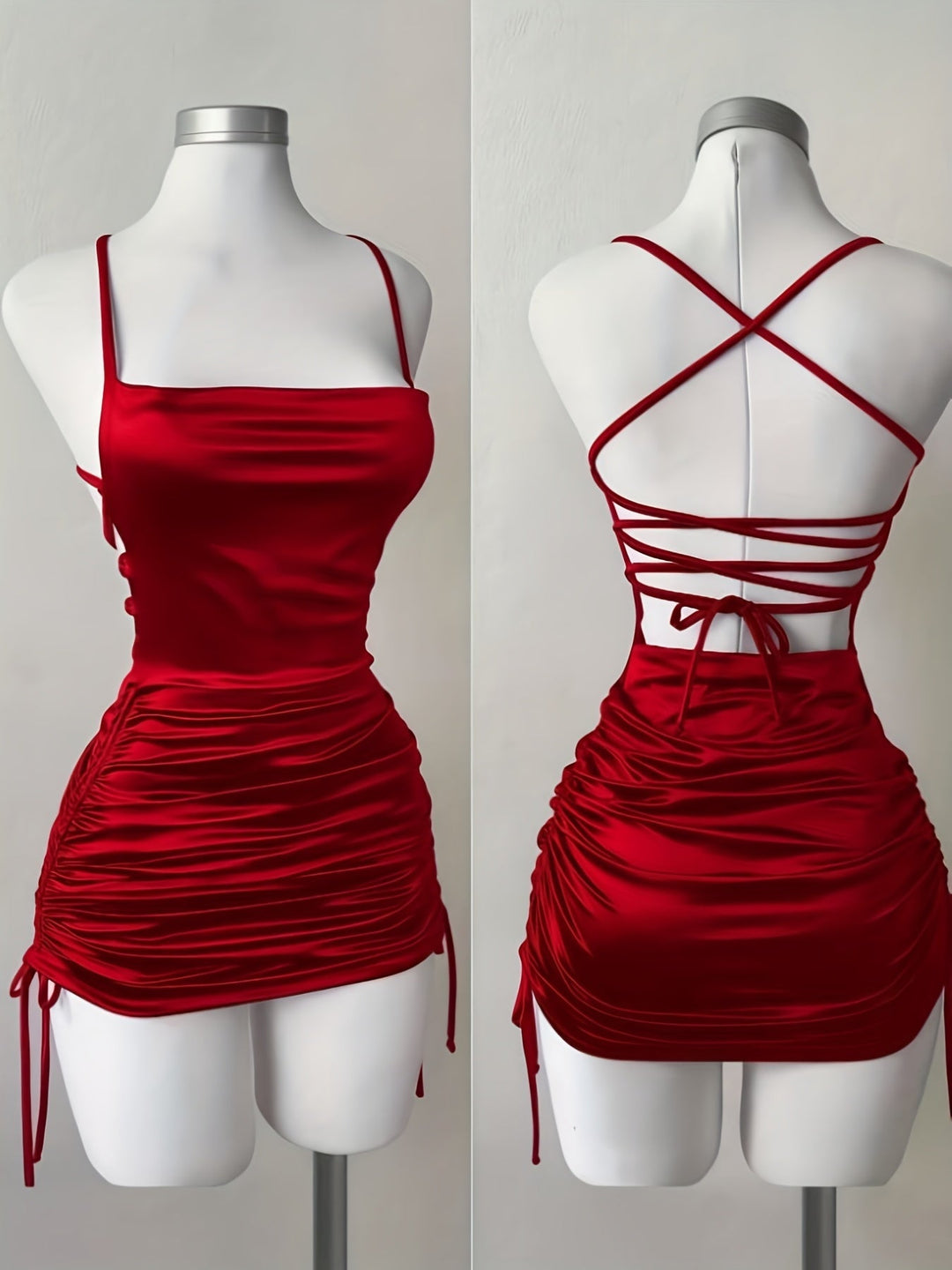 Bodycon ruched mini homecoming dress for women, featuring a stylish drawstring for adjustable length.
