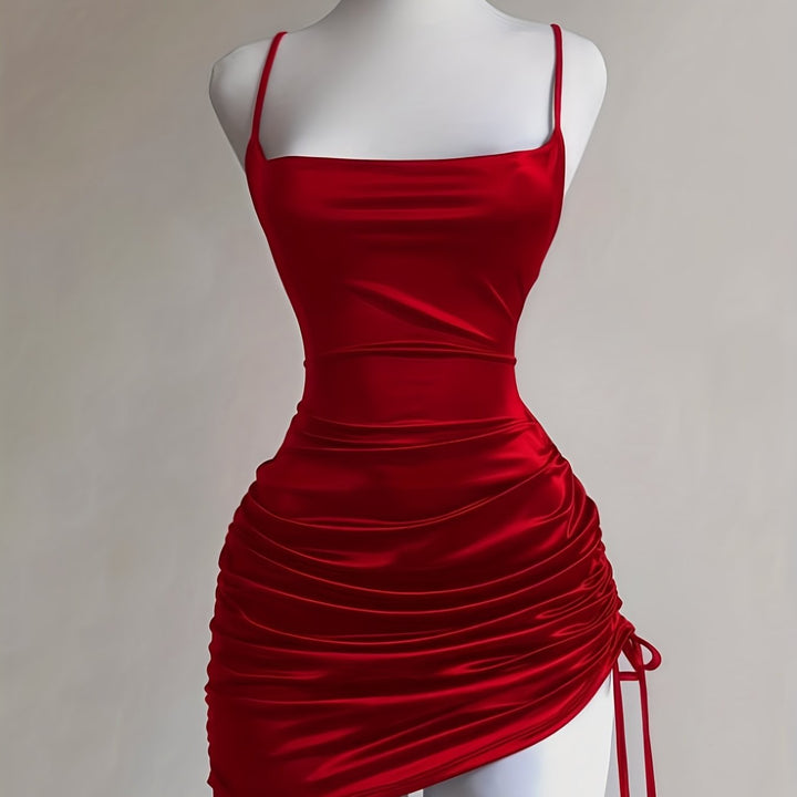 Women's elegant ruched drawstring mini dress, ideal formal wear for homecoming, parties, or cocktails.