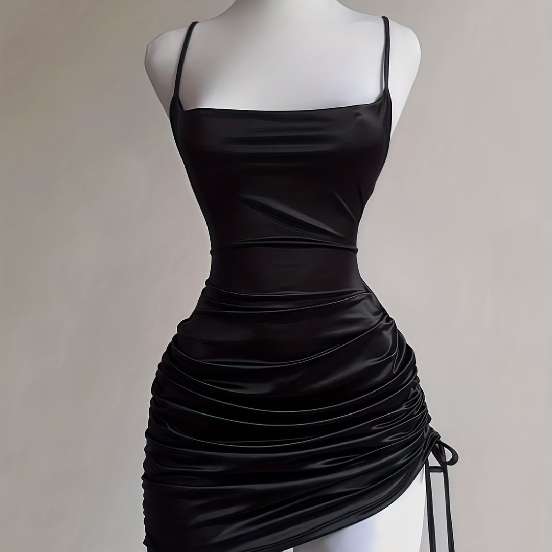 Make a statement in this women's ruched drawstring mini dress, perfect for homecoming & evening wear.