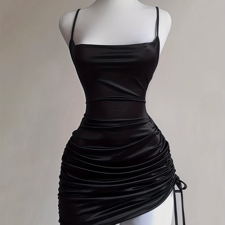Make a statement in this women's ruched drawstring mini dress, perfect for homecoming & evening wear.