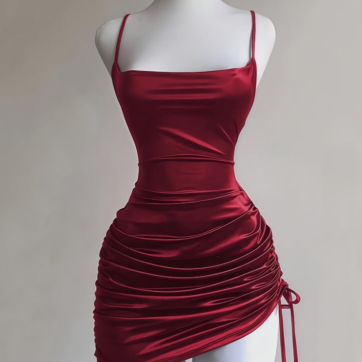 Comfortable yet stylish women's ruched drawstring mini dress, perfect for dancing at homecoming.