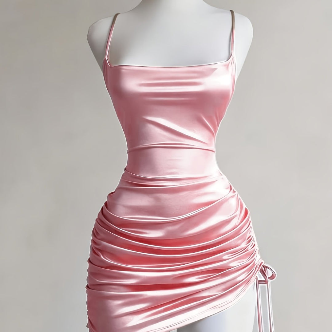 Modern women's ruched mini dress with drawstring detail, a contemporary choice for homecoming & parties.