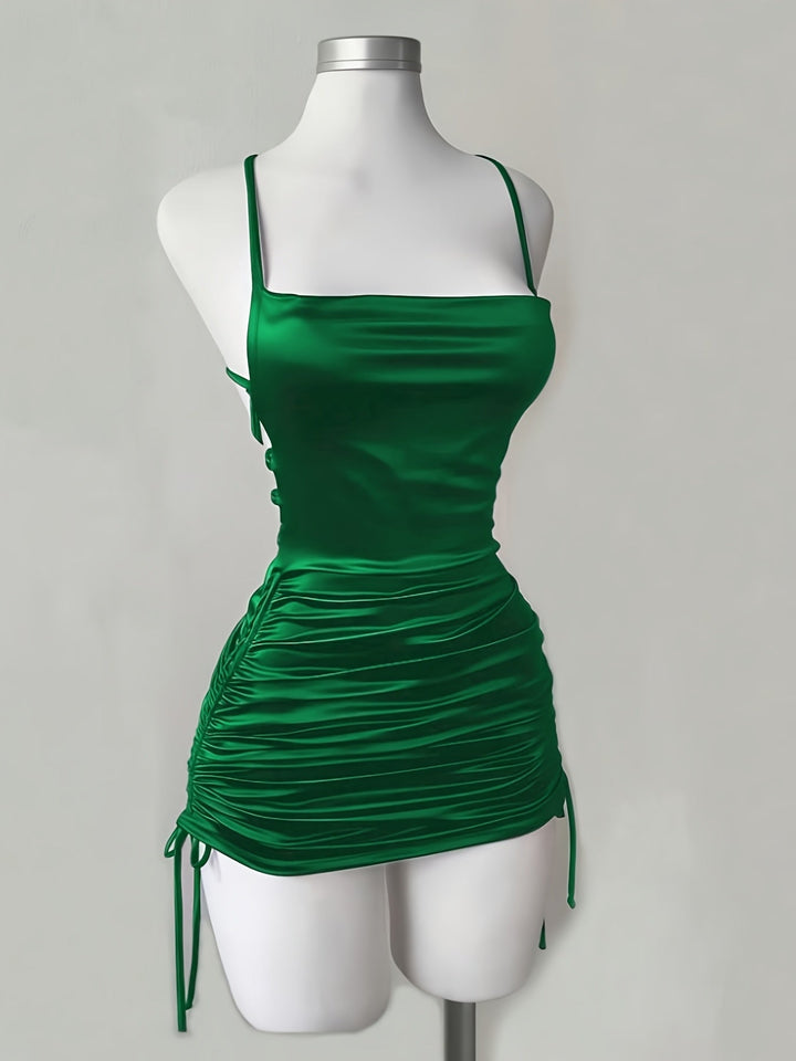 Elegant women's ruched mini dress with drawstring, ideal for homecoming, cocktails & formal wear.