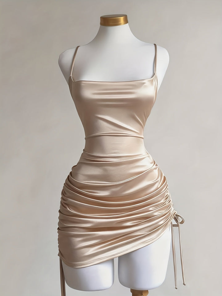 Bodycon ruched mini dress for women, adjustable drawstring offers a flattering fit for parties.