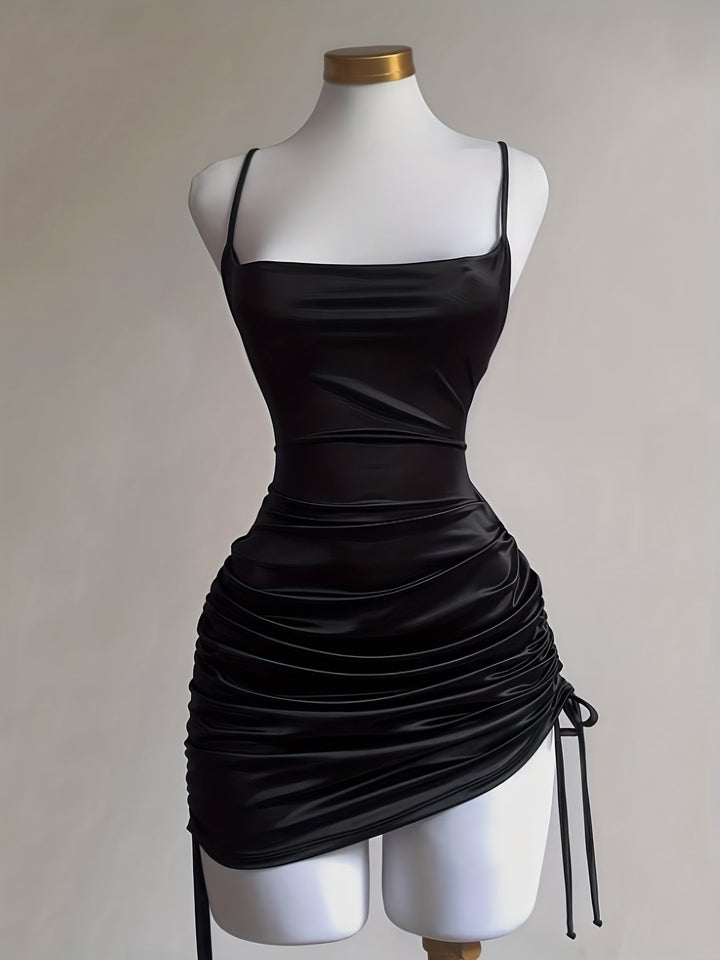 Trendy women's fashion: ruched drawstring mini dress, perfect for evening or special occasions.