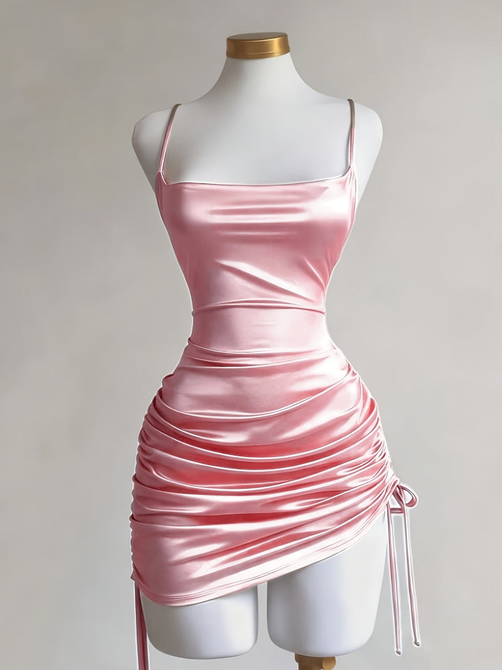 Adjustable ruched drawstring mini dress for women, ensuring a perfect fit for any formal event.