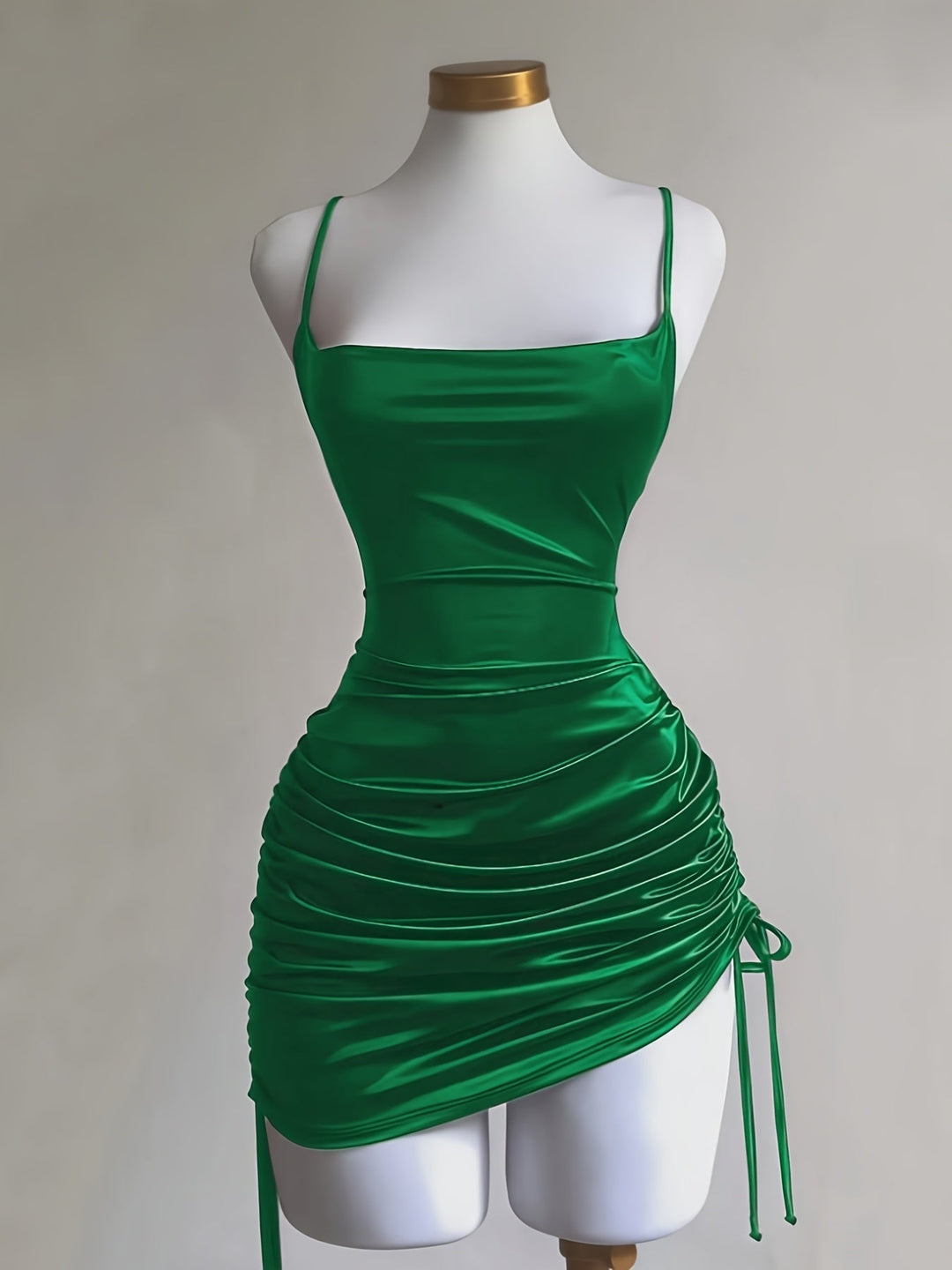 Stylish women's ruched drawstring mini dress, a chic choice for homecoming or cocktail parties.