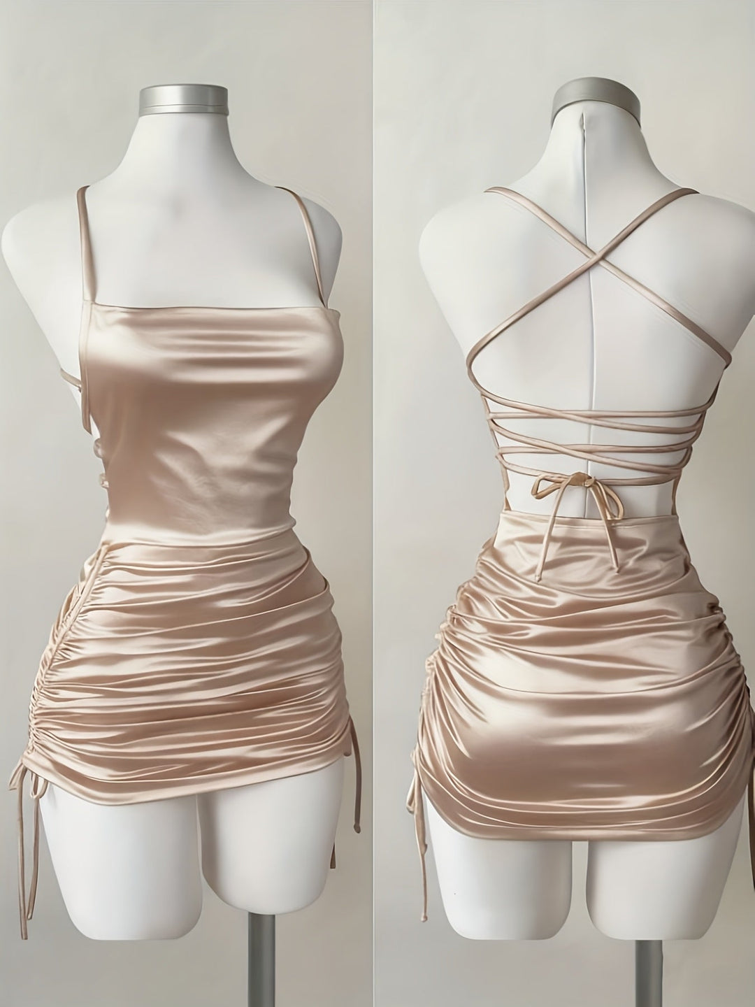 Chic ruched mini dress with functional drawstring, great for women's homecoming parties & evening wear.