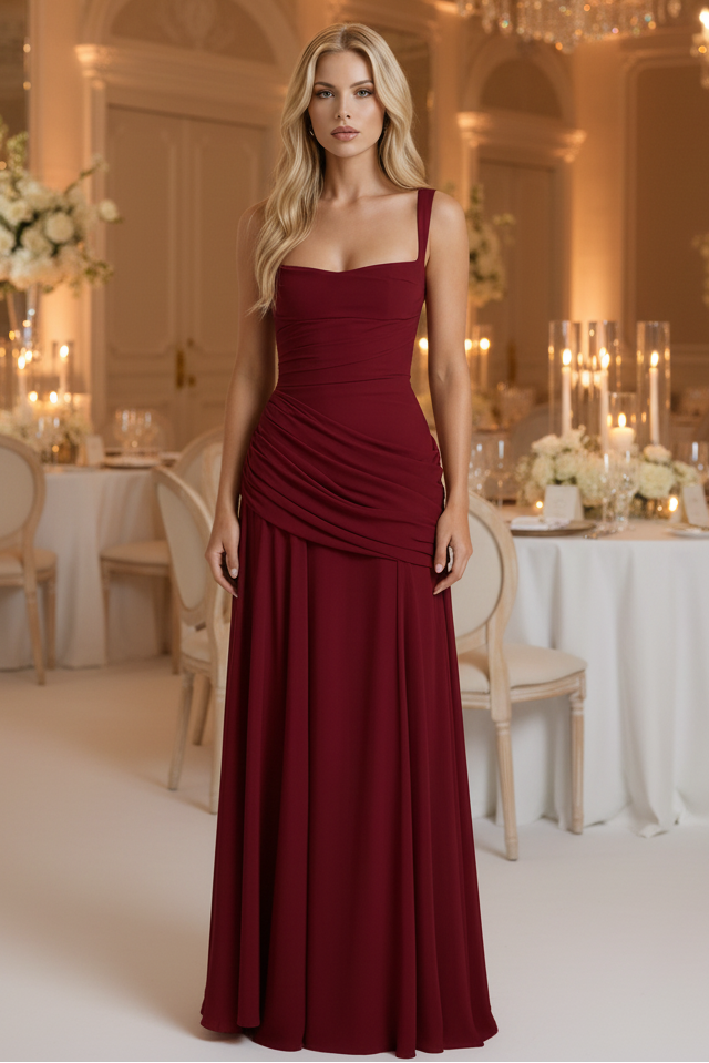 Stylish women's ruched maxi dress, a comfortable and elegant long summer dress with flowing fabric.