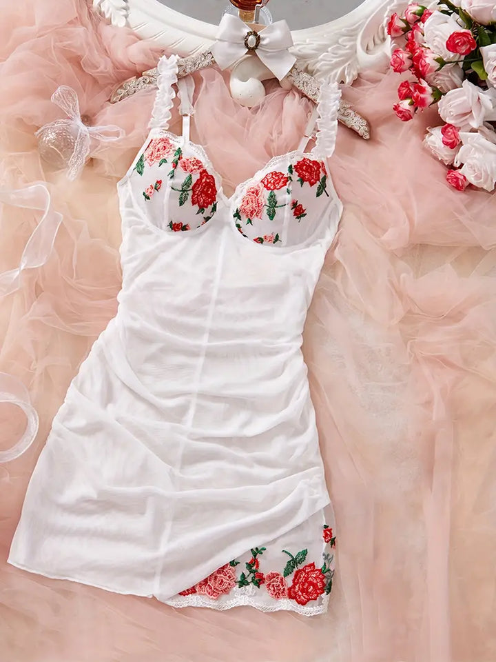 Comfortable and sexy: women's ruched mesh nightgown featuring beautiful floral embroidery.