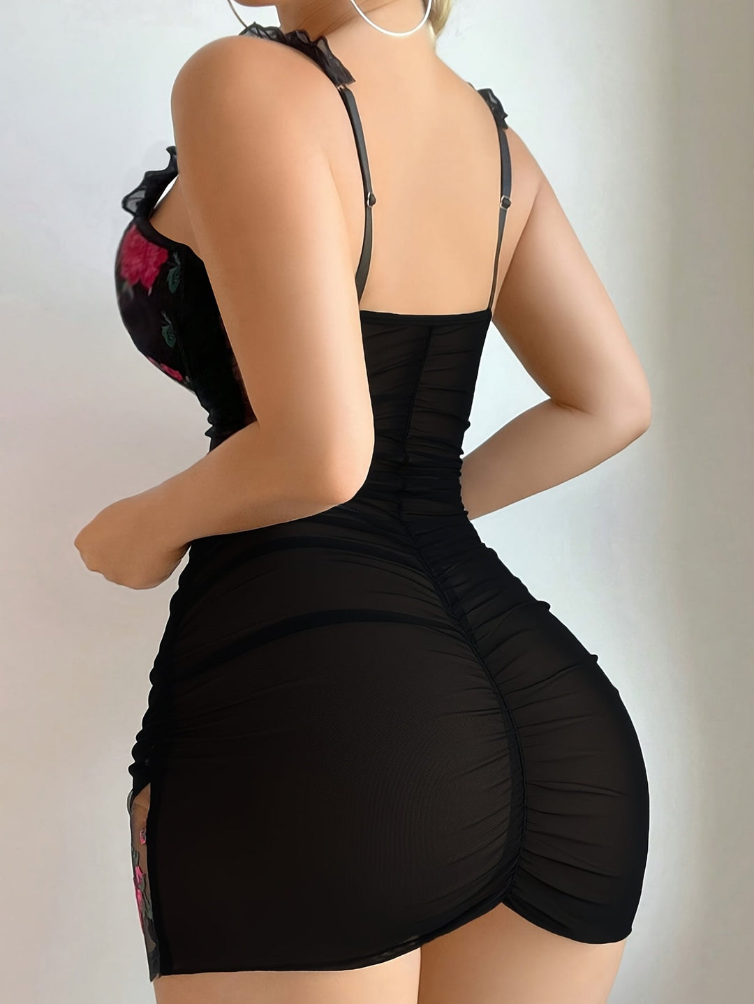 Elegant floral embroidered mesh nightgown for women, with flattering ruched details.