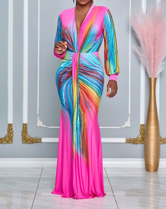 Stylish pink ruched V-neck bodycon dress for women, offering a flattering control fit for parties & evening events.