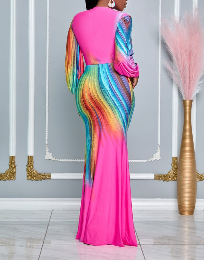Beautiful blue V-neck maxi dress for women, featuring ruched control details for a flattering, elegant silhouette.