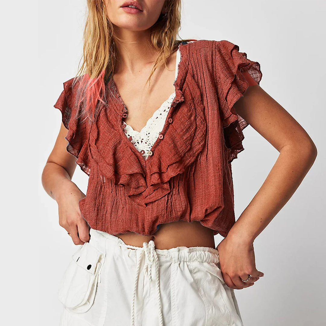 Women's Ruffle Front Crop Top, perfect for beach & summer style.