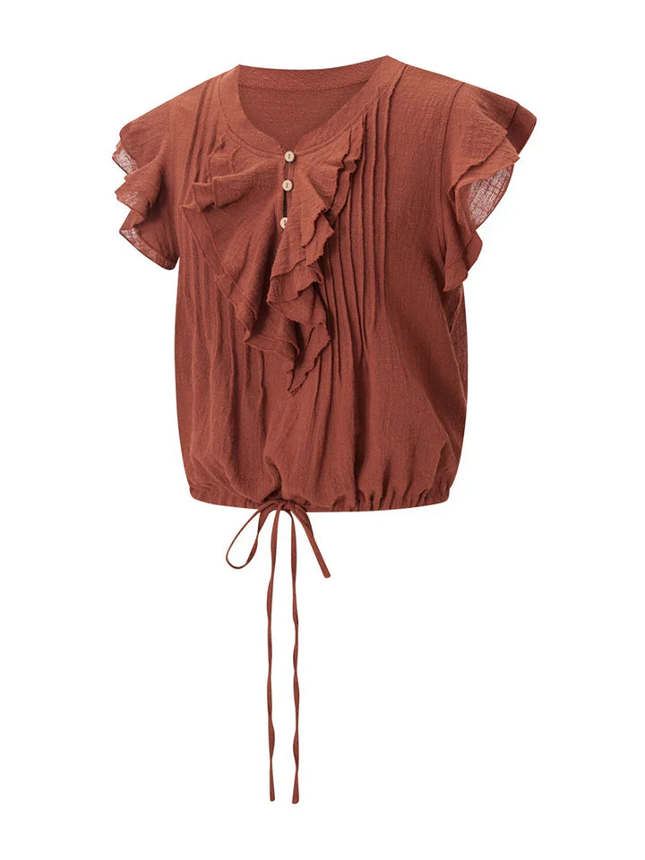 Women's cropped ruffle front blouse, comfortable & stylish for summer beachwear.