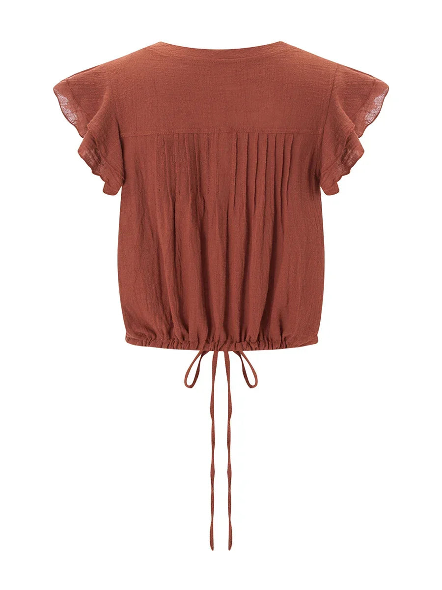 Cute women's short sleeve ruffle crop top, perfect casual summer shirt.
