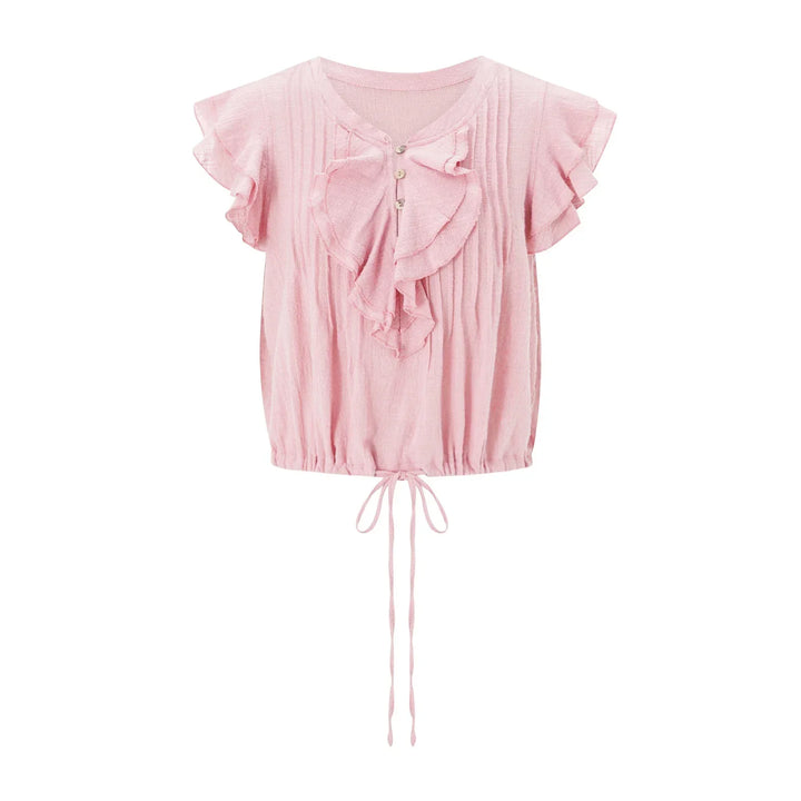Versatile women's short sleeve ruffle front crop top, for beach, summer & casual.