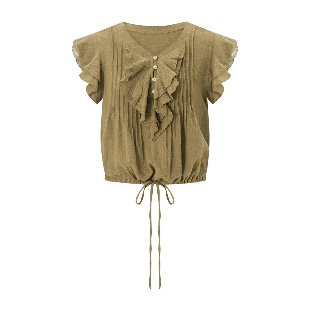 Women's Ruffle Front Crop Top, a stylish short sleeve summer beach blouse.