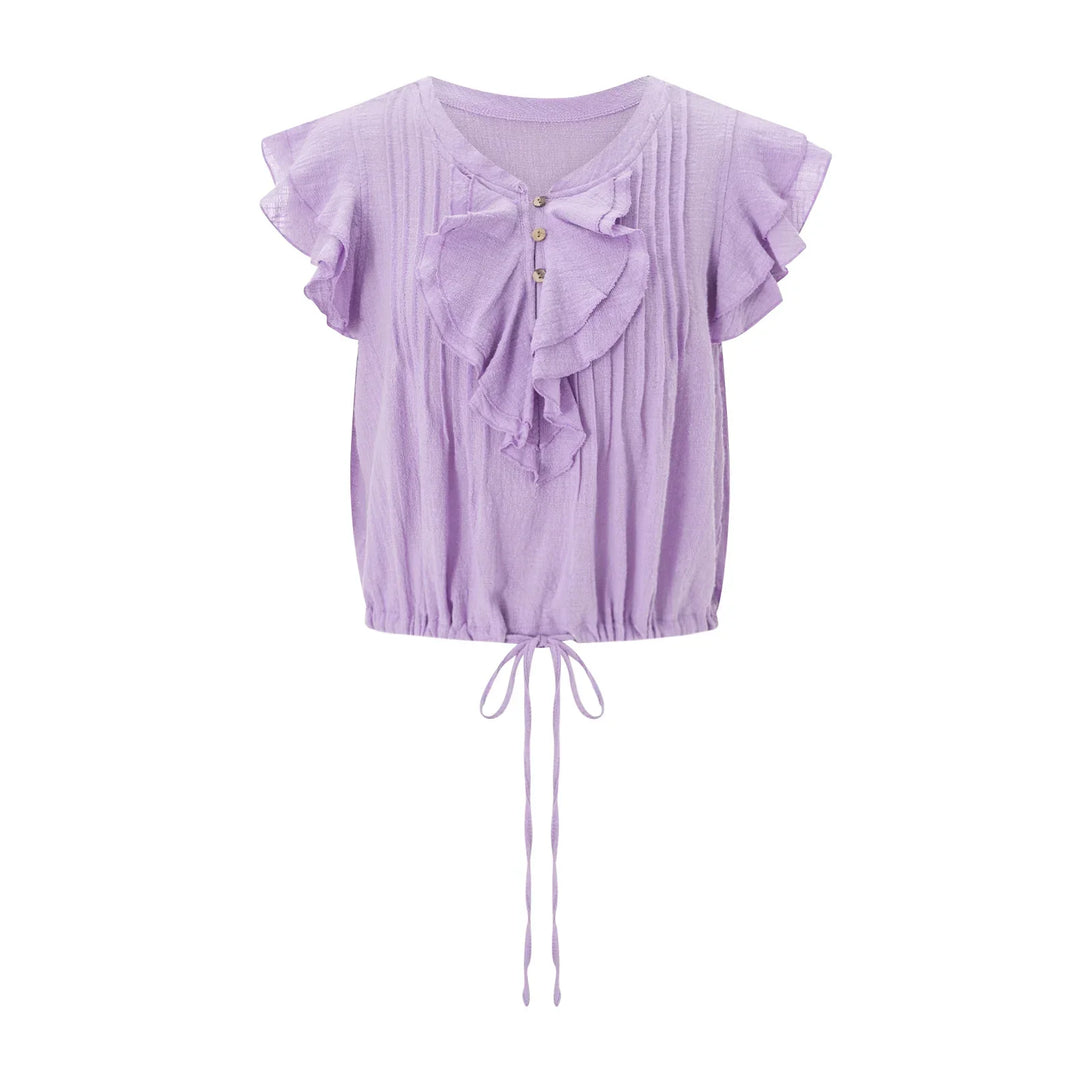 Light & airy women's ruffle front crop top, comfortable for warm summer days.