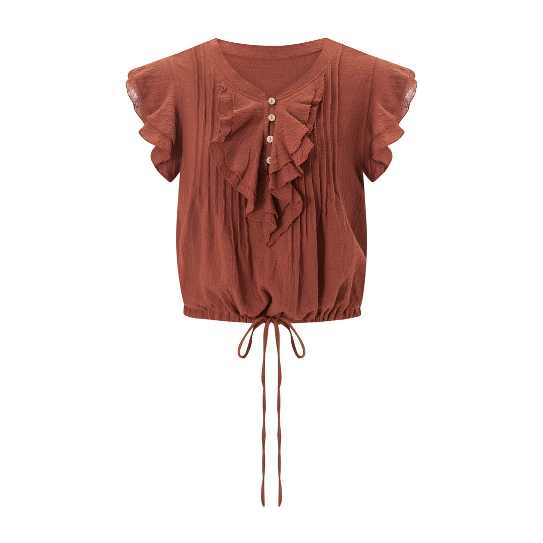 Elegant casual women's ruffle front crop top, short sleeve for summer beach style.