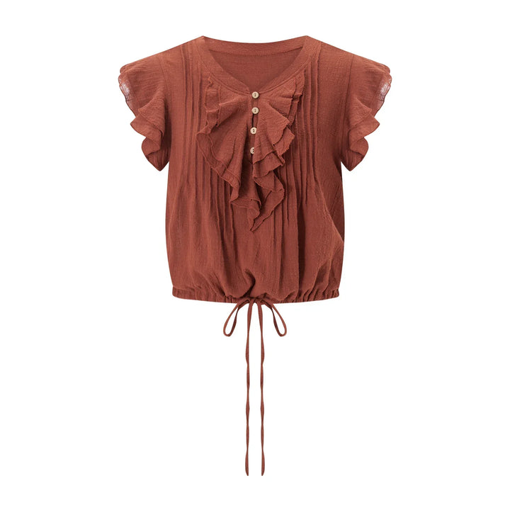 Elegant casual women's ruffle front crop top, short sleeve for summer beach style.