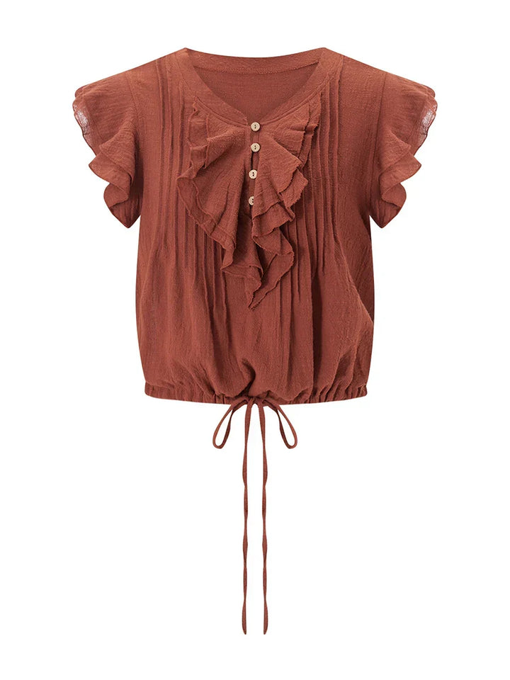 Short sleeve women's ruffle front crop top, a feminine & stylish beach casual blouse.
