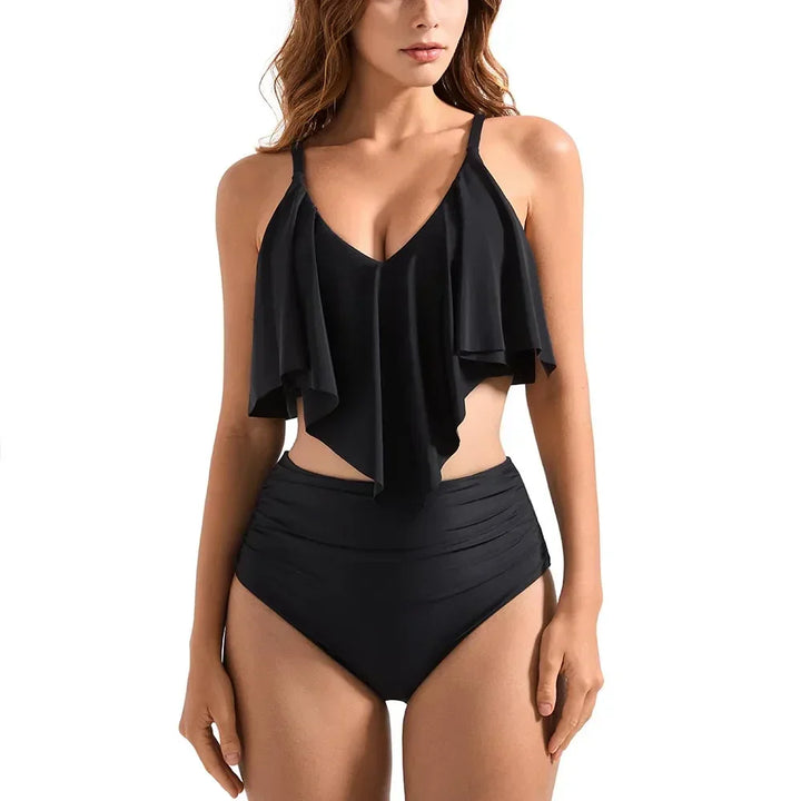 Fashionable women's high-waisted ruffle bikini set, a flattering two-piece swimsuit for summer beachwear.