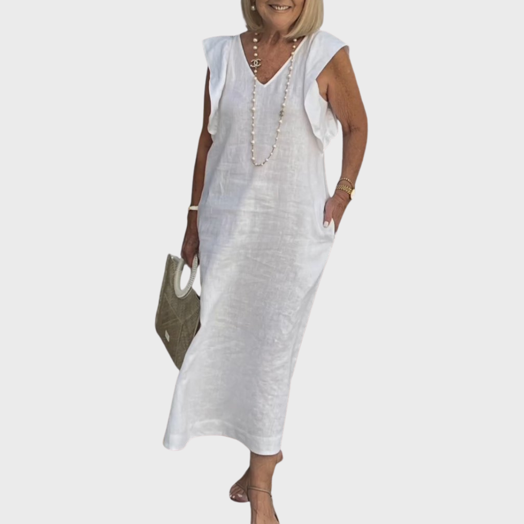 Women's ruffle shoulder V-neck sleeveless maxi dress with pockets, perfect for summer elegance.