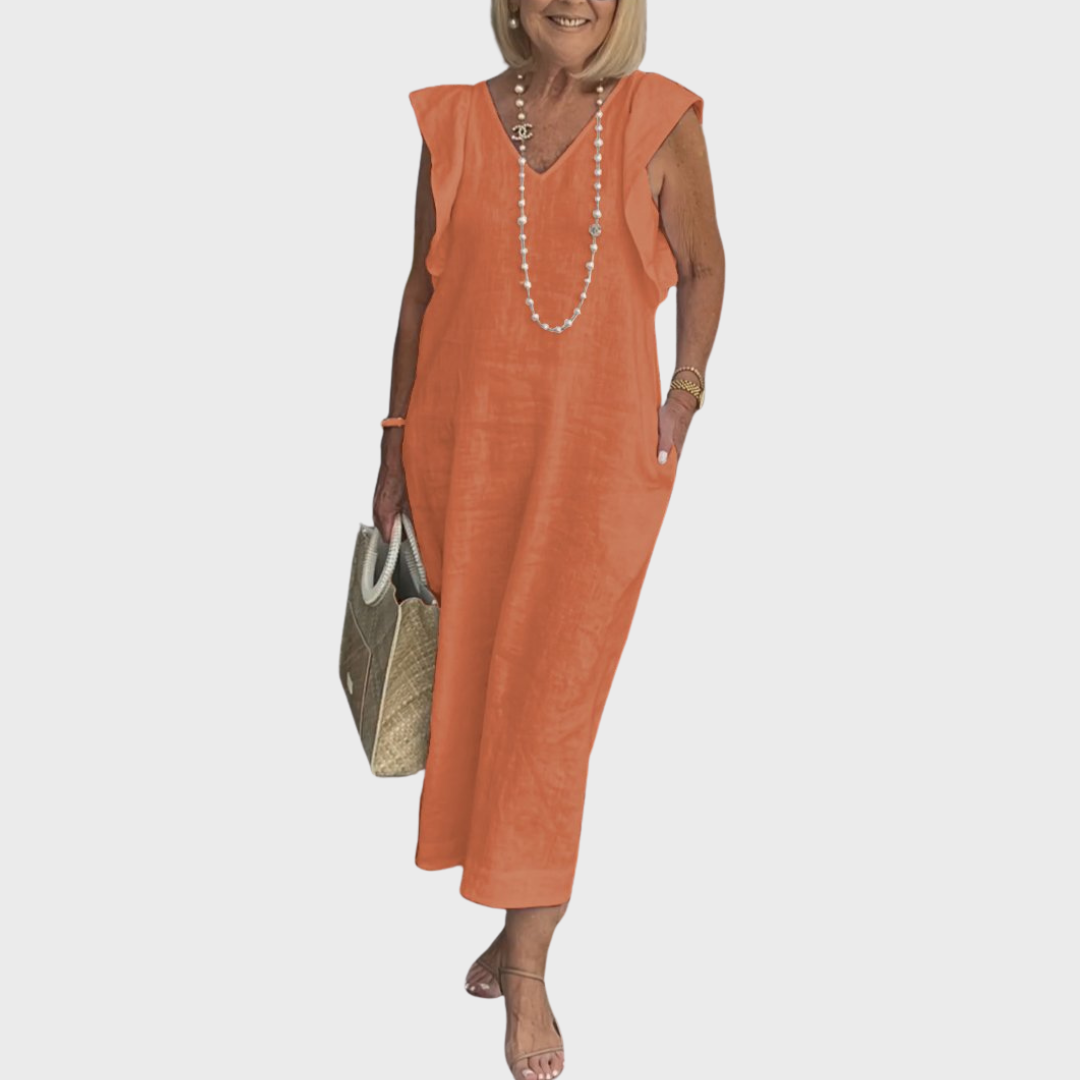 Summer fashion women's sleeveless maxi dress, V-neck, ruffle shoulders, with pockets for day or beach.