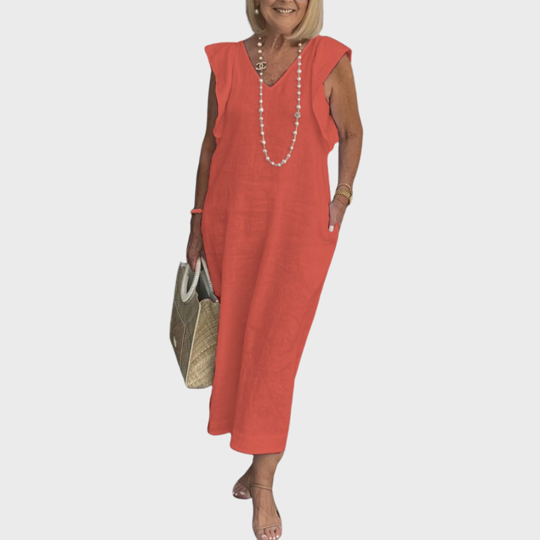 Chic women's ruffle shoulder V-neck sleeveless maxi dress with pockets. Perfect for effortless elegance.