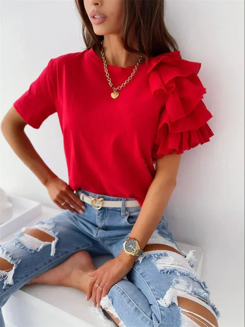 Women's Ruffle Sleeve Top, elegant & versatile for casual chic style. Perfect summer blouse with unique design.