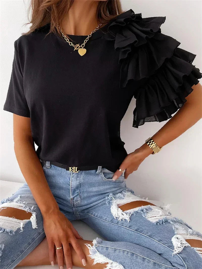 Comfortable women's ruffle sleeve blouse, a fashion-forward statement piece for effortless summer style.