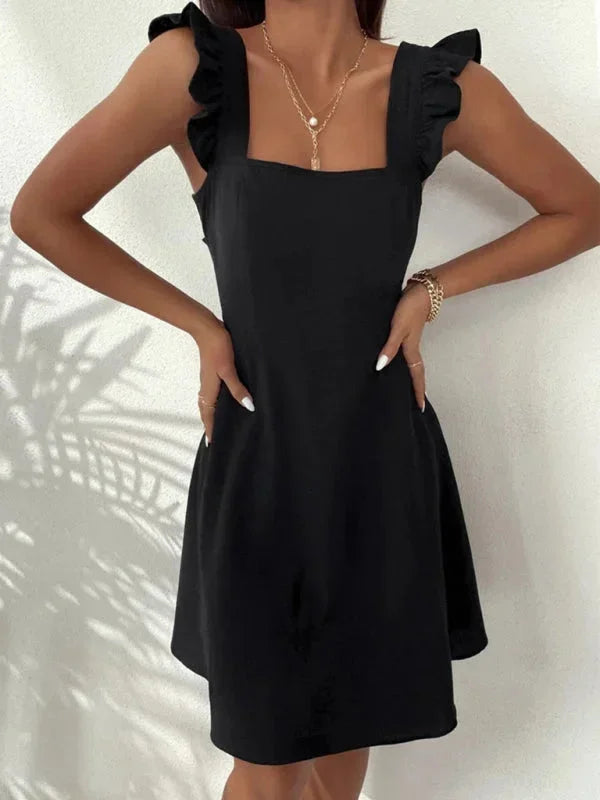 Chic women's square neck mini dress, ruffle straps, A-line style, and an elegant bow back.