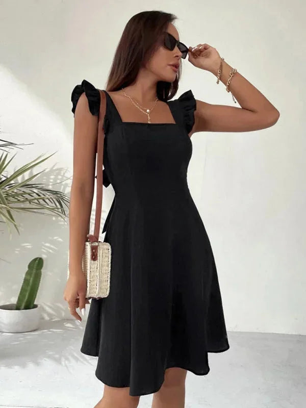 Women's ruffle strap A-line mini dress, square neck, perfect for parties, with a pretty bow back.